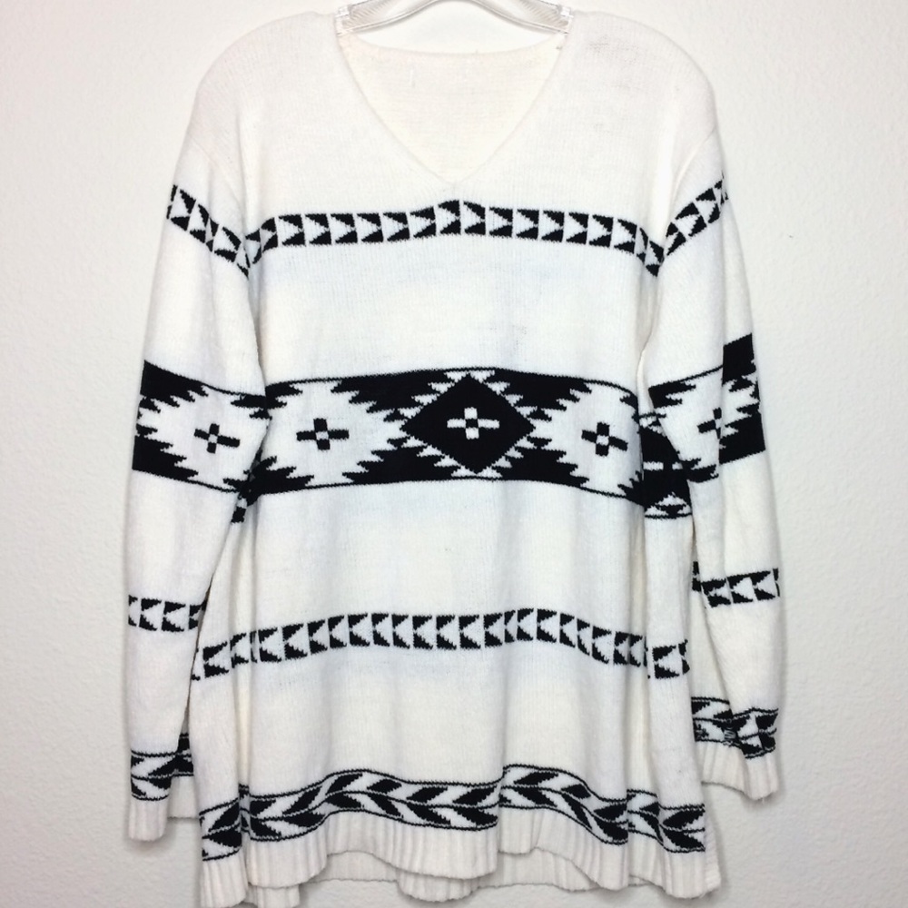 Oversized Vintage sweater long sleeve v neck tribal Aztec boho jumper 90’s print - Picture 3 of 8